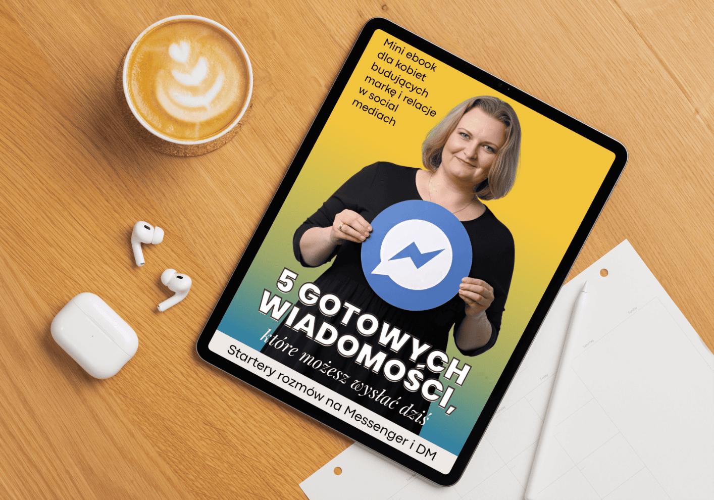 5 gotowych wiadomości. Startety rozmów na&nbsp;Messenger i&nbsp;DM mockup Justyna Kopeć Akademia Lidera MLM